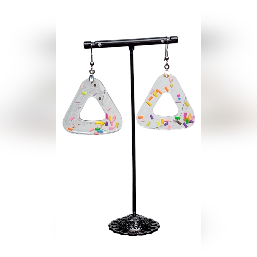 Handmade Resin Sprinkles Triangle Shaped Dangle Earrings - Picture 3 of 5
